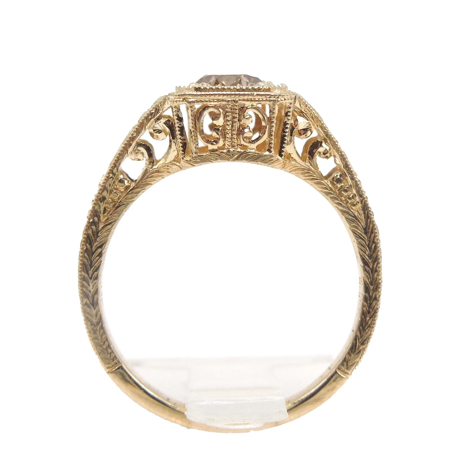 Half Carat Salt and Pepper Cognac Brown Diamond in 14K Yellow Gold Vintage Style Mounting