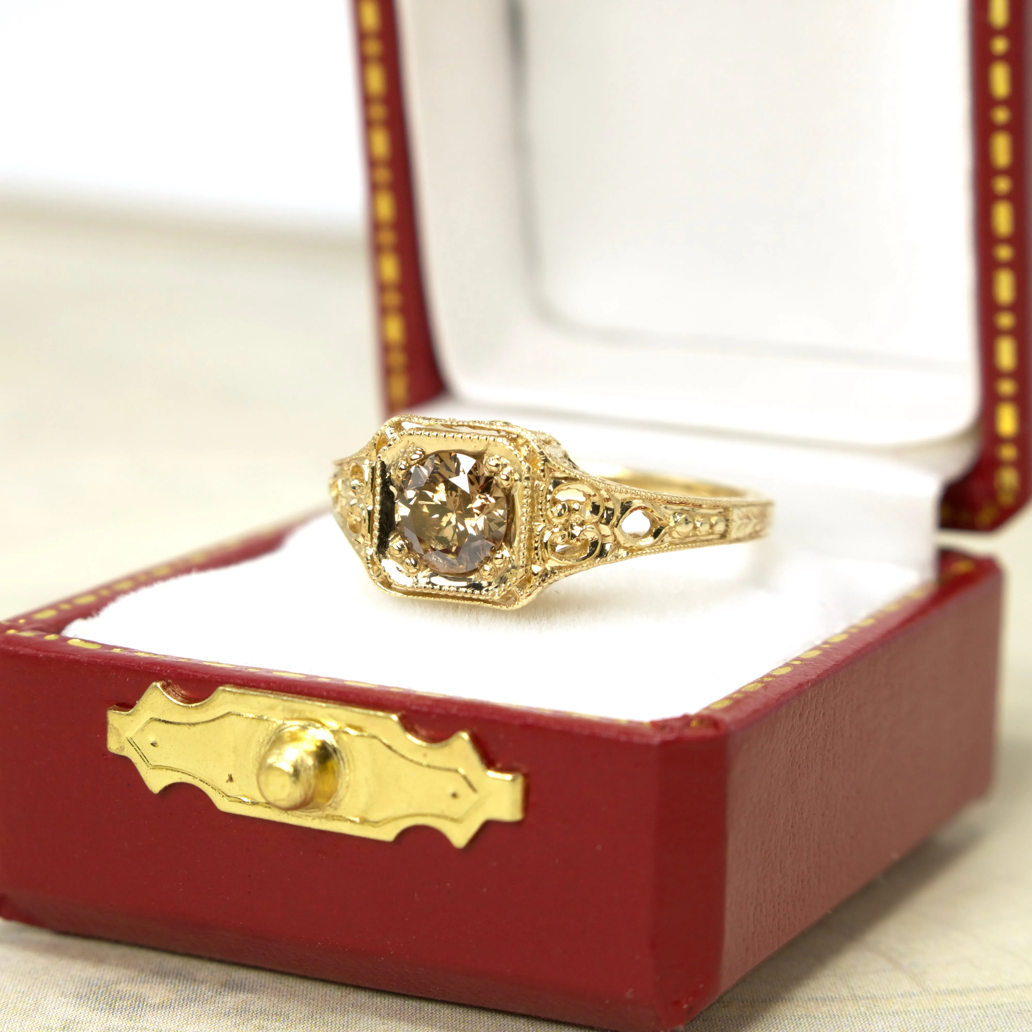 Half Carat Salt and Pepper Cognac Brown Diamond in 14K Yellow Gold Vintage Style Mounting