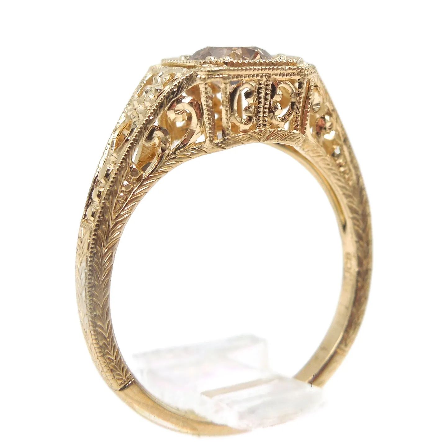 Half Carat Salt and Pepper Cognac Brown Diamond in 14K Yellow Gold Vintage Style Mounting