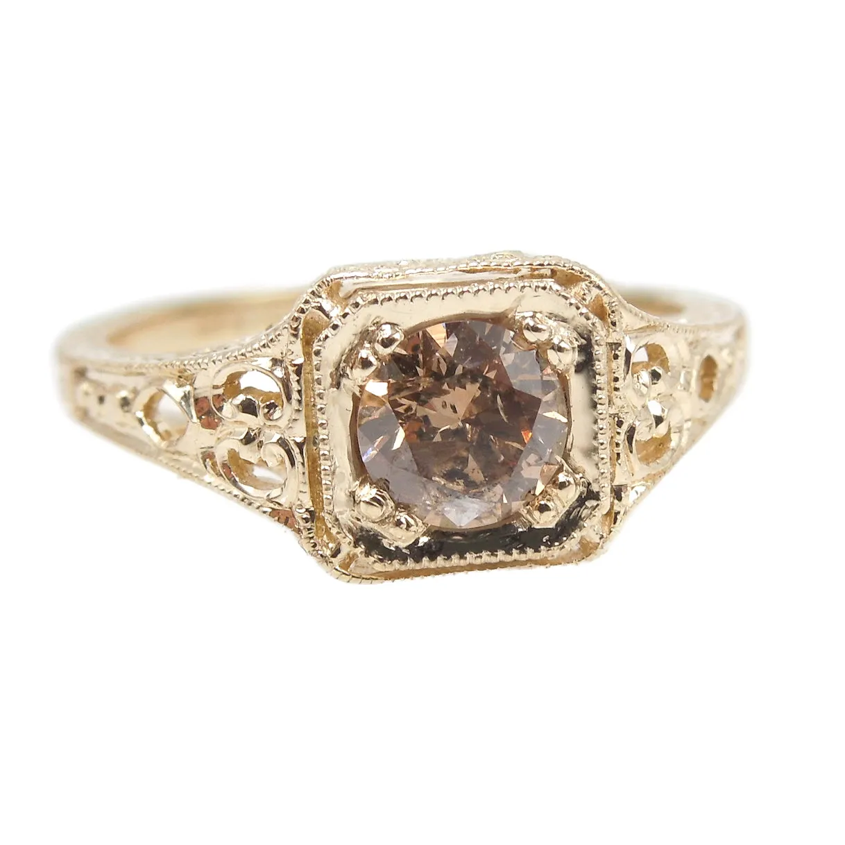 Half Carat Salt and Pepper Cognac Brown Diamond in 14K Yellow Gold Vintage Style Mounting