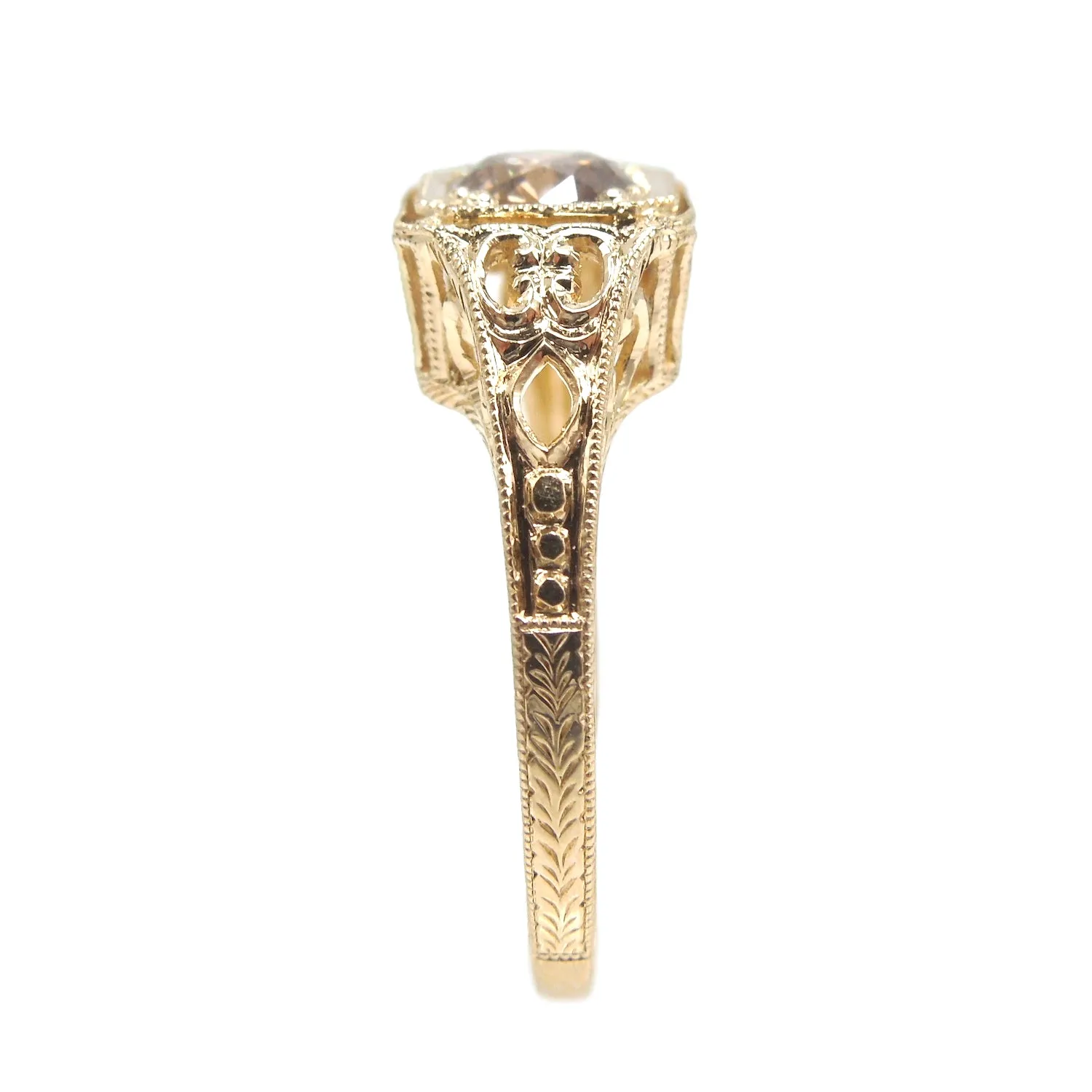 Half Carat Salt and Pepper Cognac Brown Diamond in 14K Yellow Gold Vintage Style Mounting