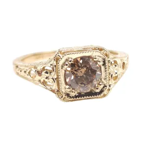 Half Carat Salt and Pepper Cognac Brown Diamond in 14K Yellow Gold Vintage Style Mounting