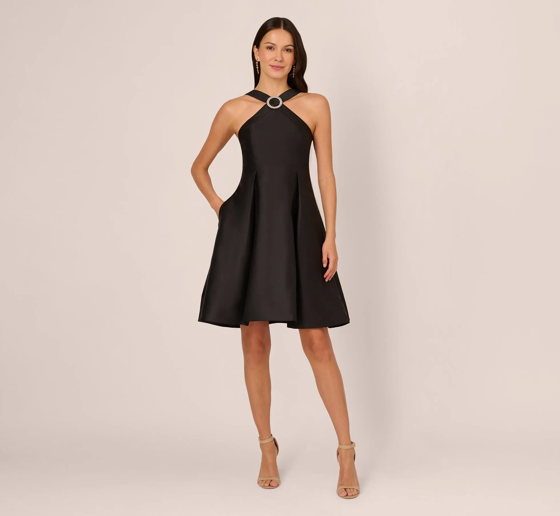 Halter Mikado Dress With Jeweled Ring Accent In Black