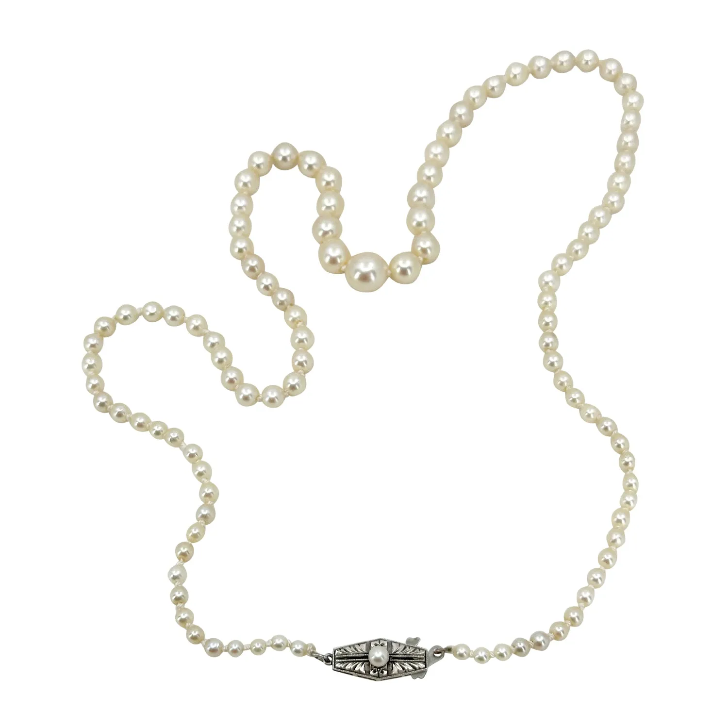 High Quality Art Deco Japanese Saltwater Cultured Akoya Pearl Graduated Necklace - Sterling Silver 21.25 Inch