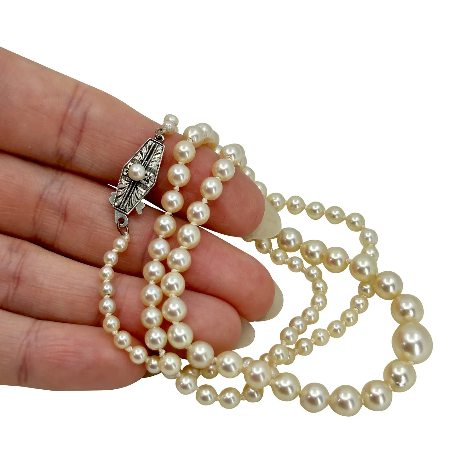 High Quality Art Deco Japanese Saltwater Cultured Akoya Pearl Graduated Necklace - Sterling Silver 21.25 Inch