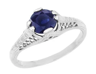 Honey Comb Filigree Blue Sapphire Art Deco Engagement Ring in 14 Karat White Gold