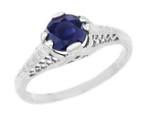 Honey Comb Filigree Blue Sapphire Art Deco Engagement Ring in 14 Karat White Gold