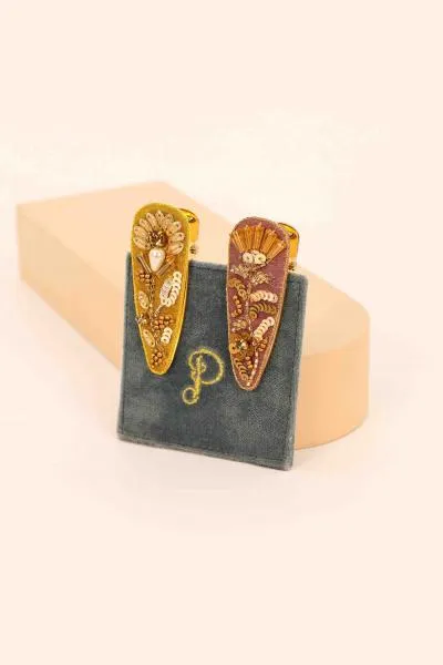 Jeweled Dusk Floral Hair Clips - Petal/Sage