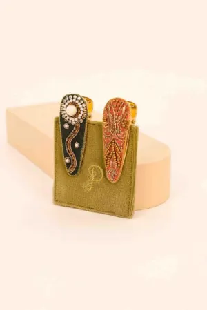 Jeweled Pearl Hair Clips - Sunflower/Mosaic in Coral