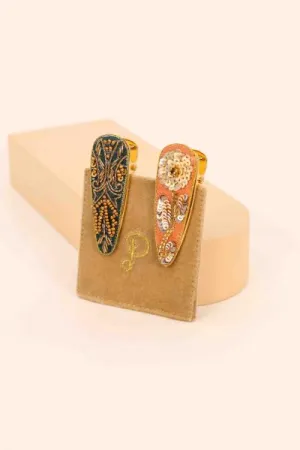 Jeweled Zinnia Hair Clips - Coral/Mosaic in Teal