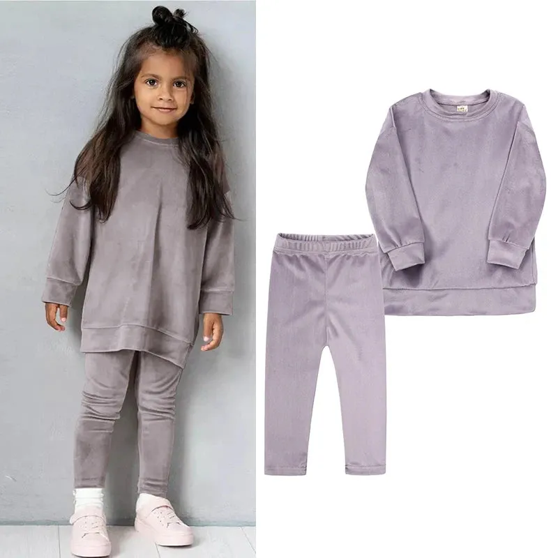 Kids Girl Velvet Long Sleeve Pants and Sweatshirt Set