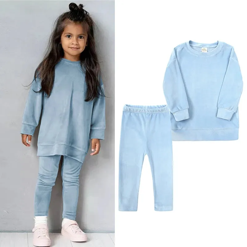 Kids Girl Velvet Long Sleeve Pants and Sweatshirt Set