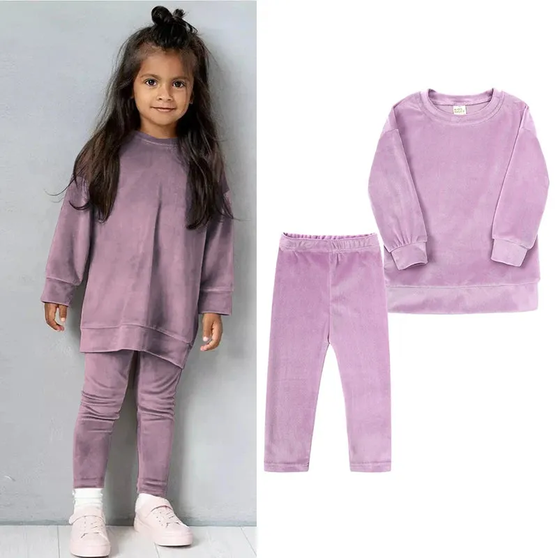 Kids Girl Velvet Long Sleeve Pants and Sweatshirt Set