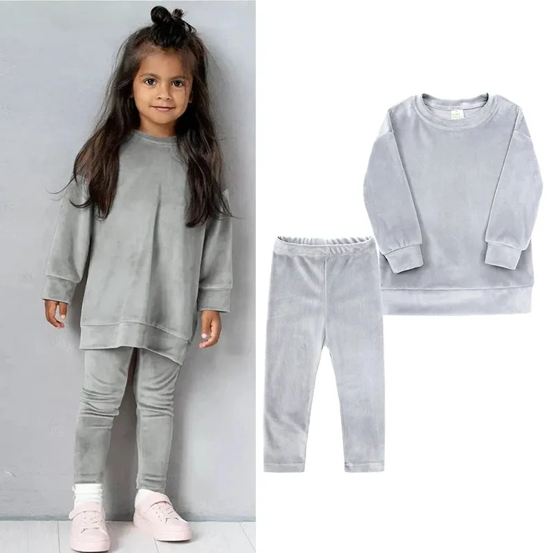 Kids Girl Velvet Long Sleeve Pants and Sweatshirt Set