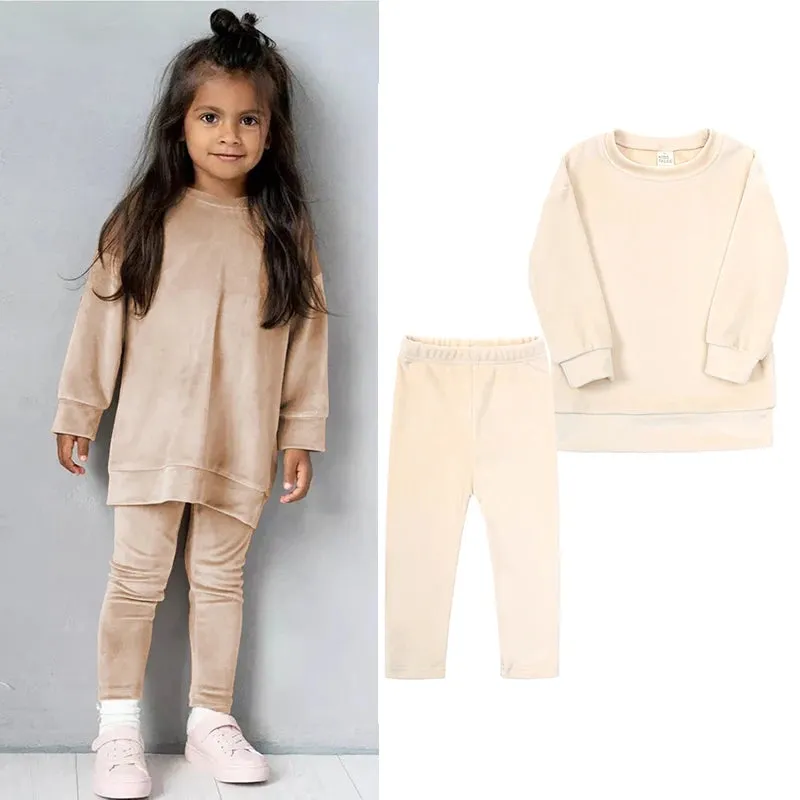 Kids Girl Velvet Long Sleeve Pants and Sweatshirt Set