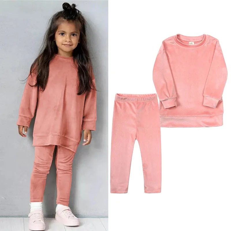 Kids Girl Velvet Long Sleeve Pants and Sweatshirt Set