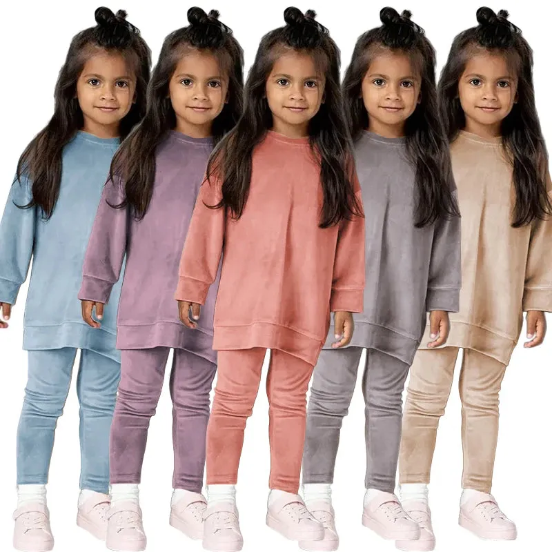 Kids Girl Velvet Long Sleeve Pants and Sweatshirt Set