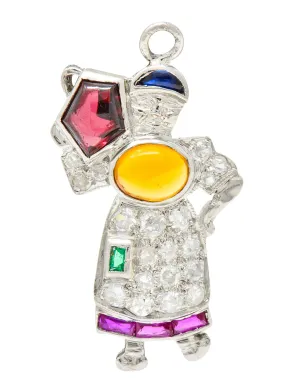 Large Art Deco Diamond Multi-Gem Platinum Woman Carrying Water Charm