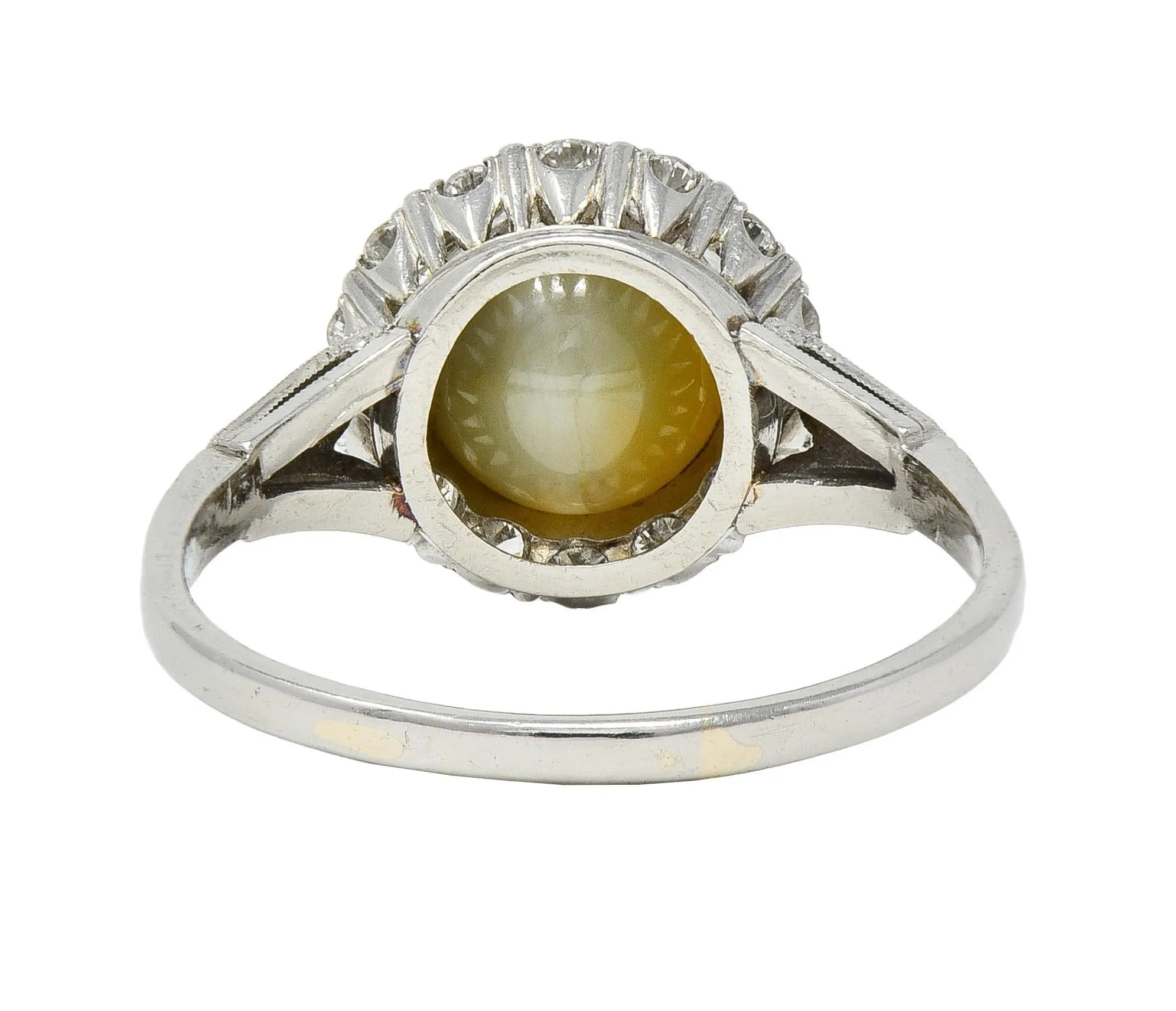 Late Art Deco 0.42 CTW Diamond Cat's Eye Chrysoberyl Platinum Vintage Halo Ring