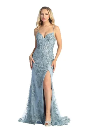 LF 7855 - Art Deco Glitter Print Fit & Flare Prom Gown with Boned Corset Bodice & Lace Up Corset Back