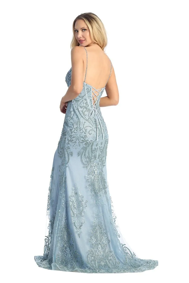LF 7855 - Art Deco Glitter Print Fit & Flare Prom Gown with Boned Corset Bodice & Lace Up Corset Back