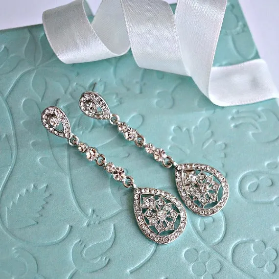 Long Art Deco Bridal Earrings. Vintage Inspired Art Nouveau Crystal Drop Wedding Earring. Rhinestone Chandelier Teardrop Earrings.