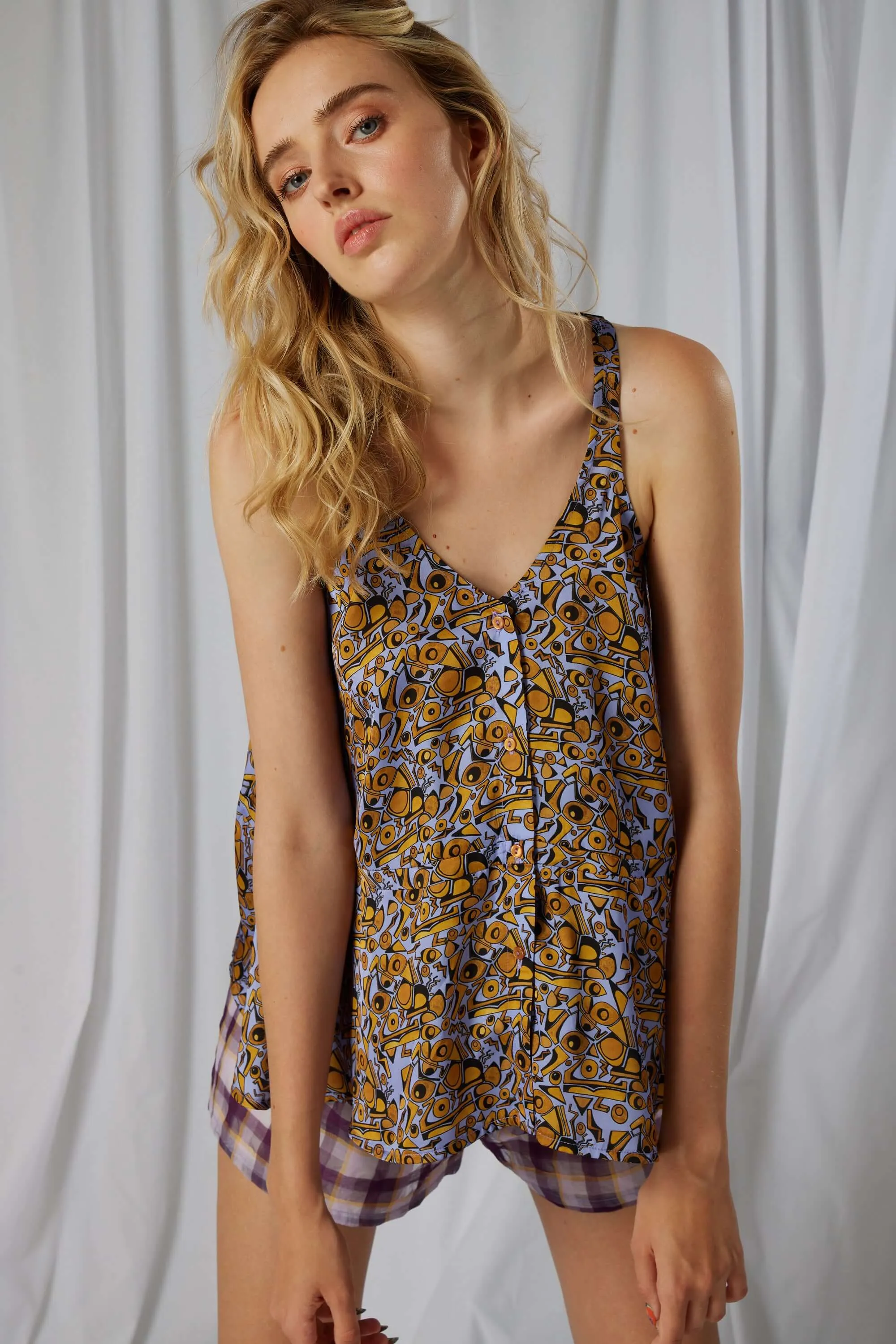 Long Java top in Art Deco Factory print