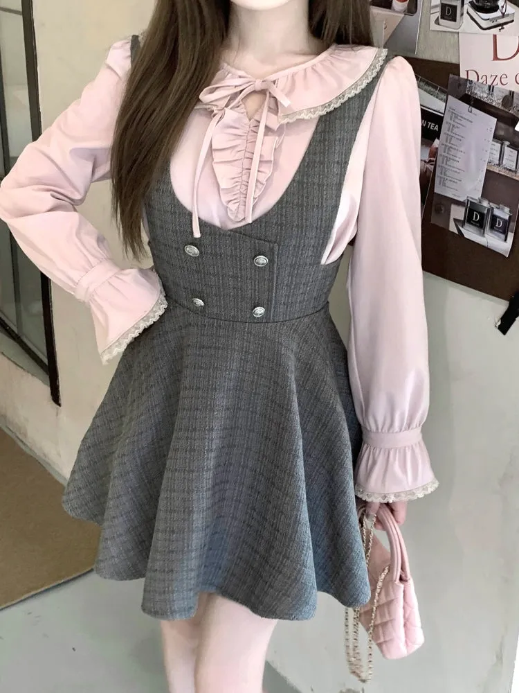 Lovely Lace Ribbon Blouse & Classic Check Bustier Dress Set