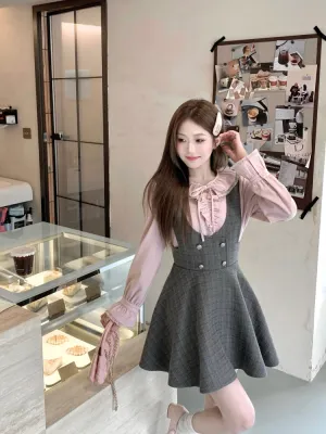 Lovely Lace Ribbon Blouse & Classic Check Bustier Dress Set