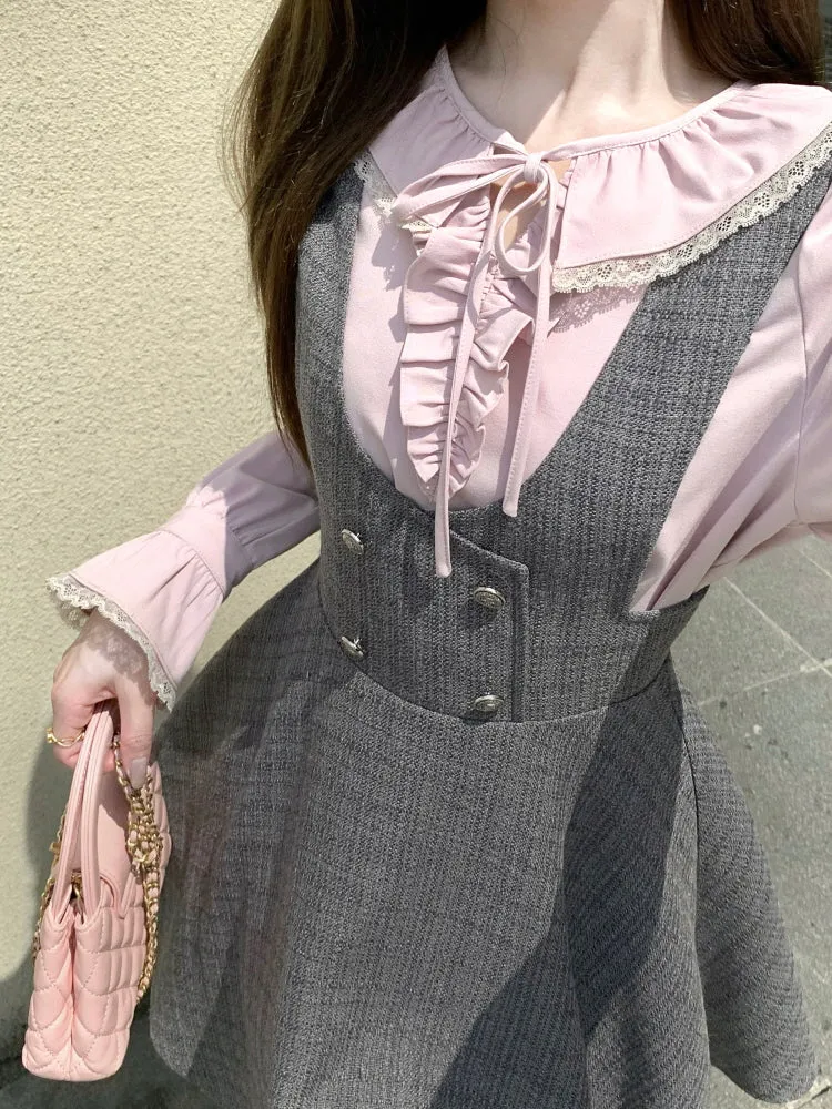 Lovely Lace Ribbon Blouse & Classic Check Bustier Dress Set