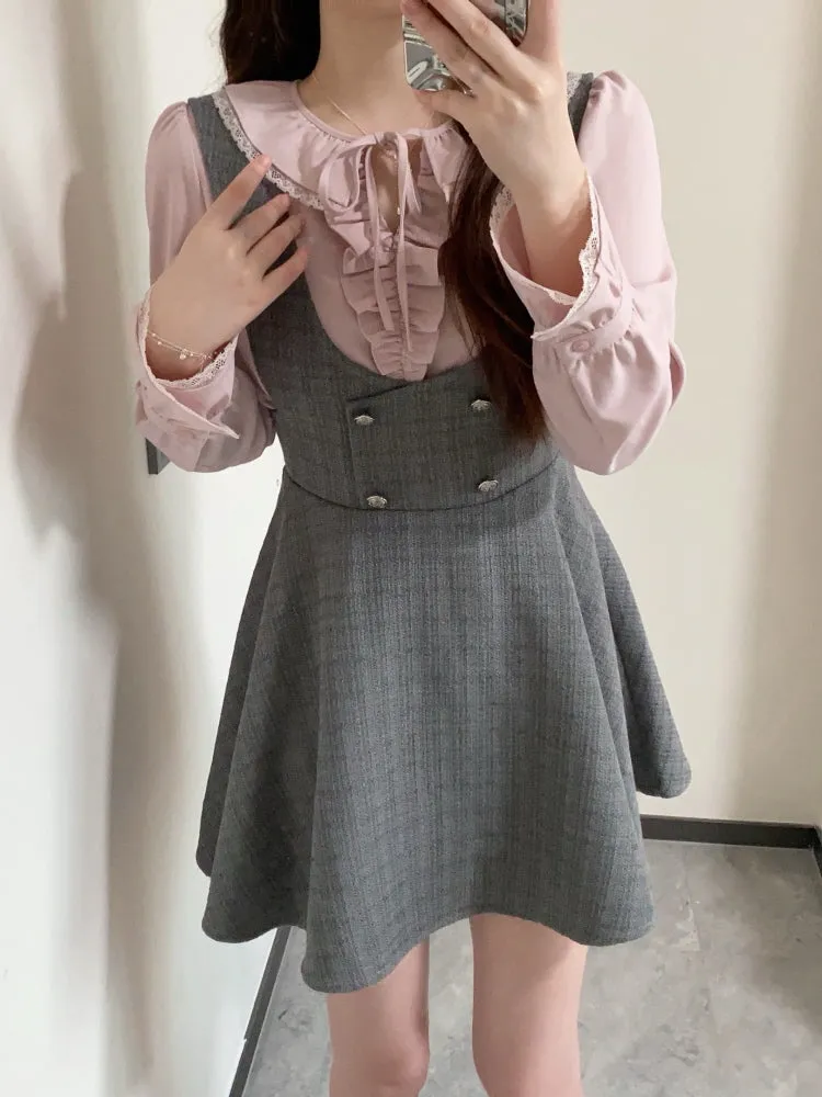 Lovely Lace Ribbon Blouse & Classic Check Bustier Dress Set