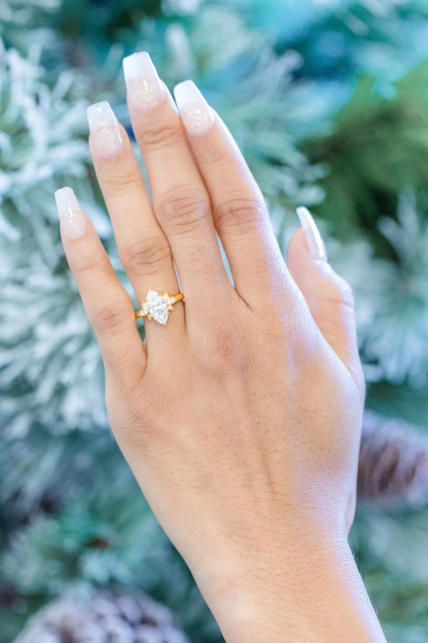 Marquise Moissanite Floral Accents Engagement Ring