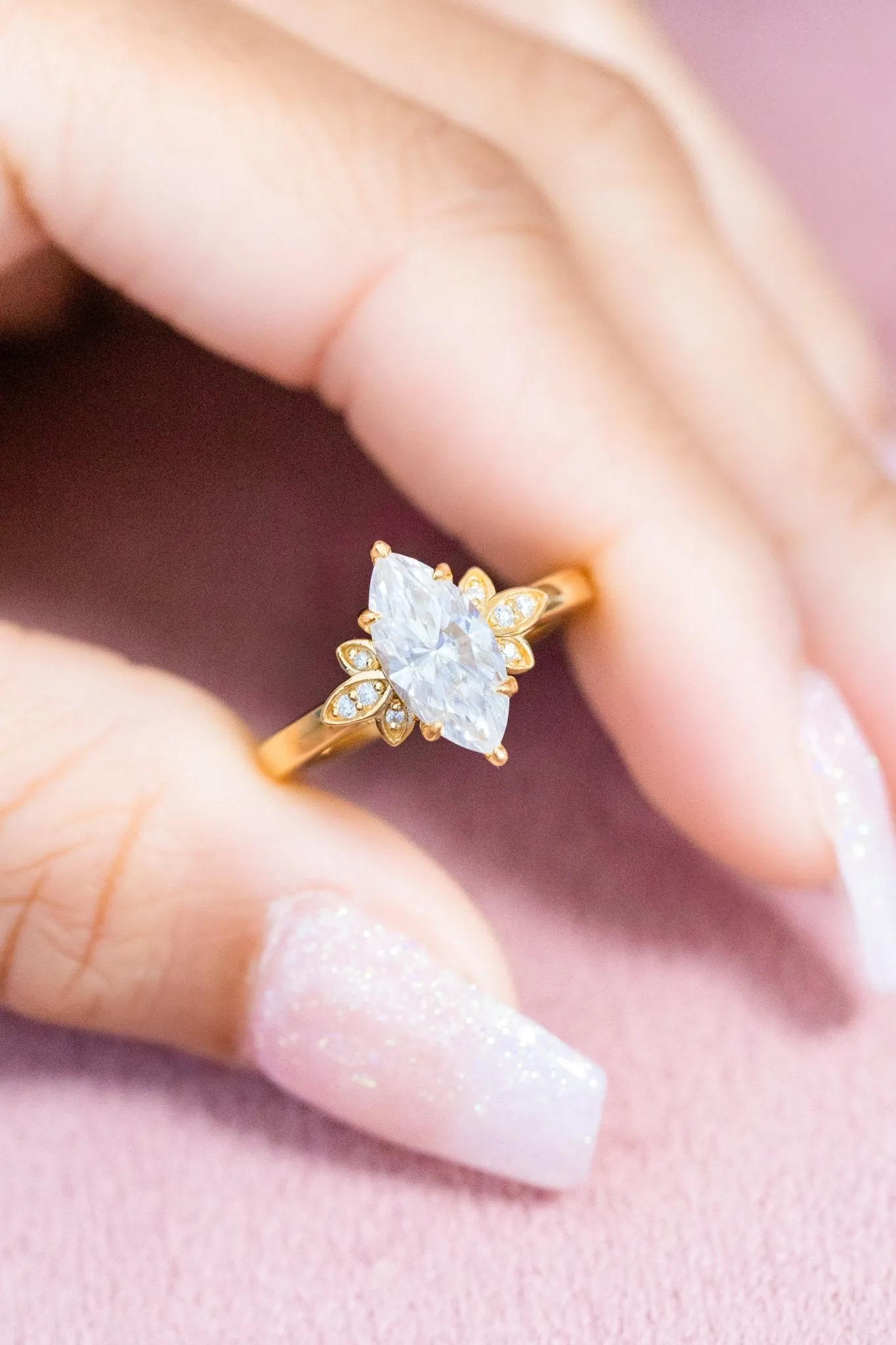 Marquise Moissanite Floral Accents Engagement Ring