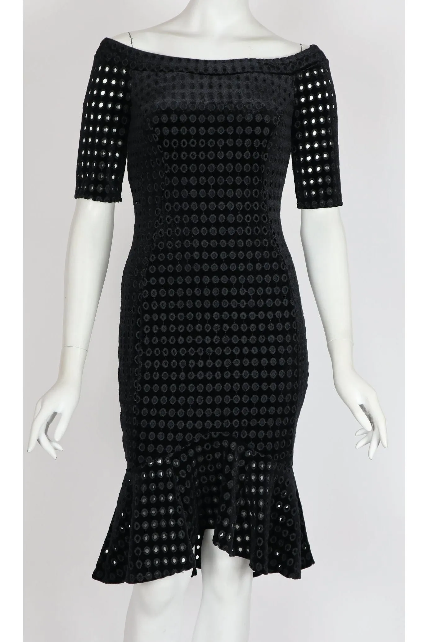 MEGAN Of-On-Shoulder Fitted Eyelet Velvet Dress Black