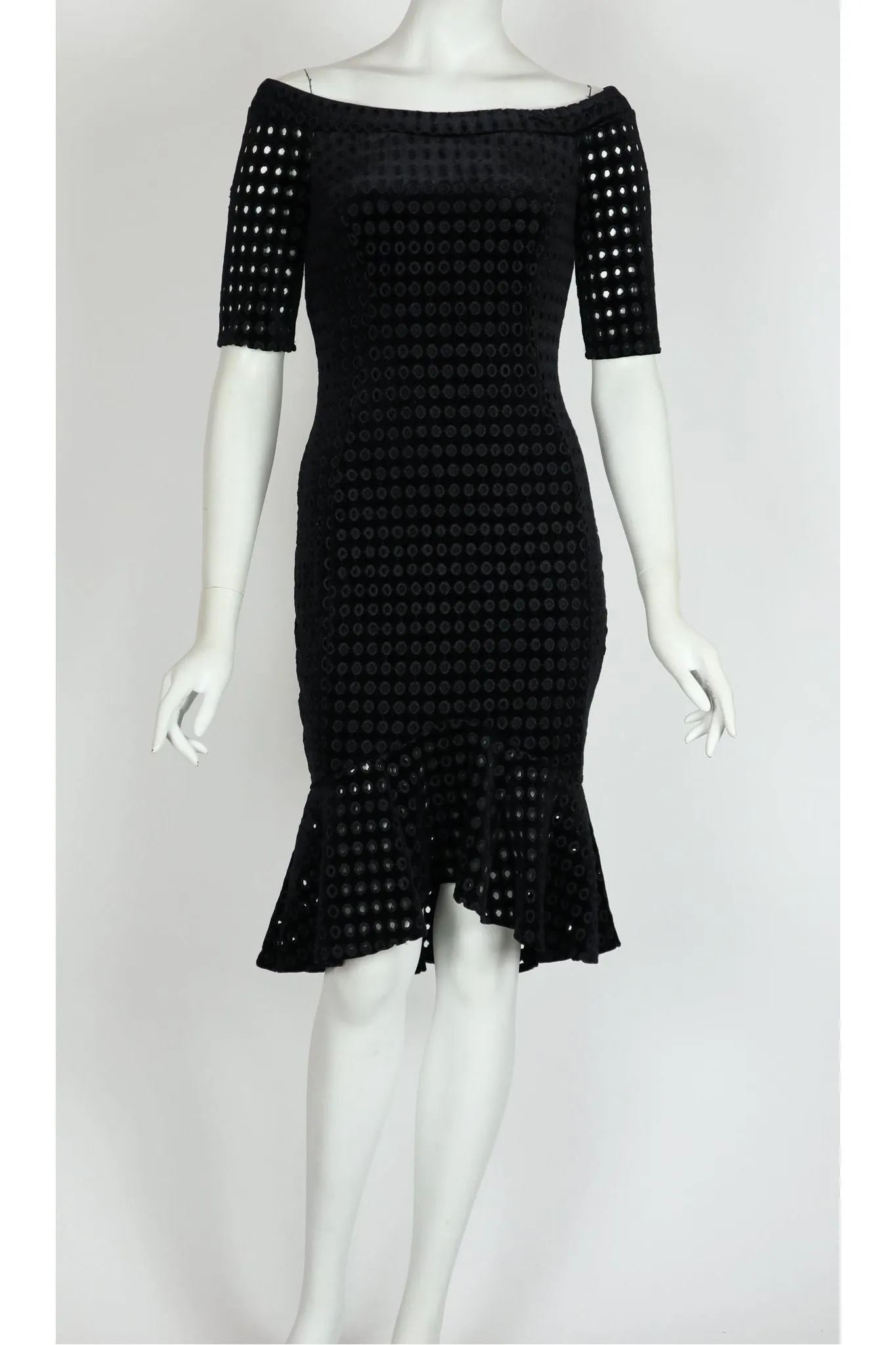 MEGAN Of-On-Shoulder Fitted Eyelet Velvet Dress Black