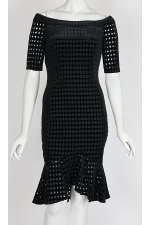 MEGAN Of-On-Shoulder Fitted Eyelet Velvet Dress Black