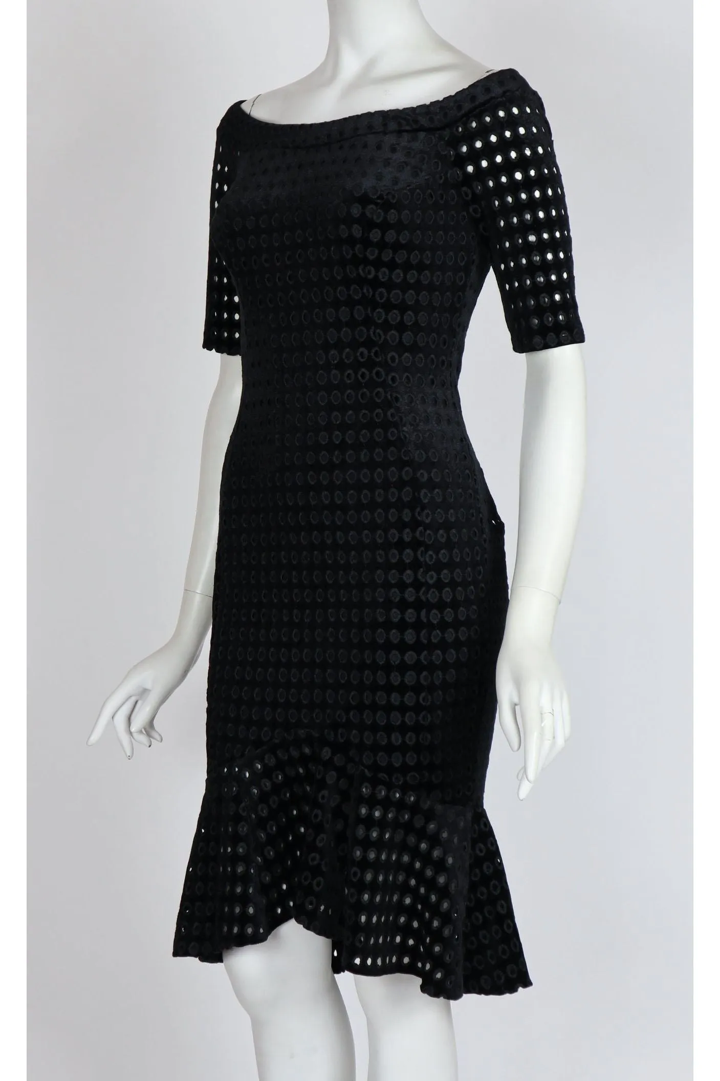 MEGAN Of-On-Shoulder Fitted Eyelet Velvet Dress Black