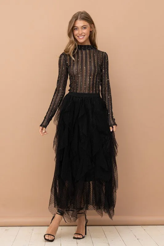 Metallic Star Stripe Mesh Mock Neck Top