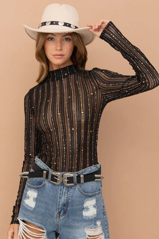 Metallic Star Stripe Mesh Mock Neck Top