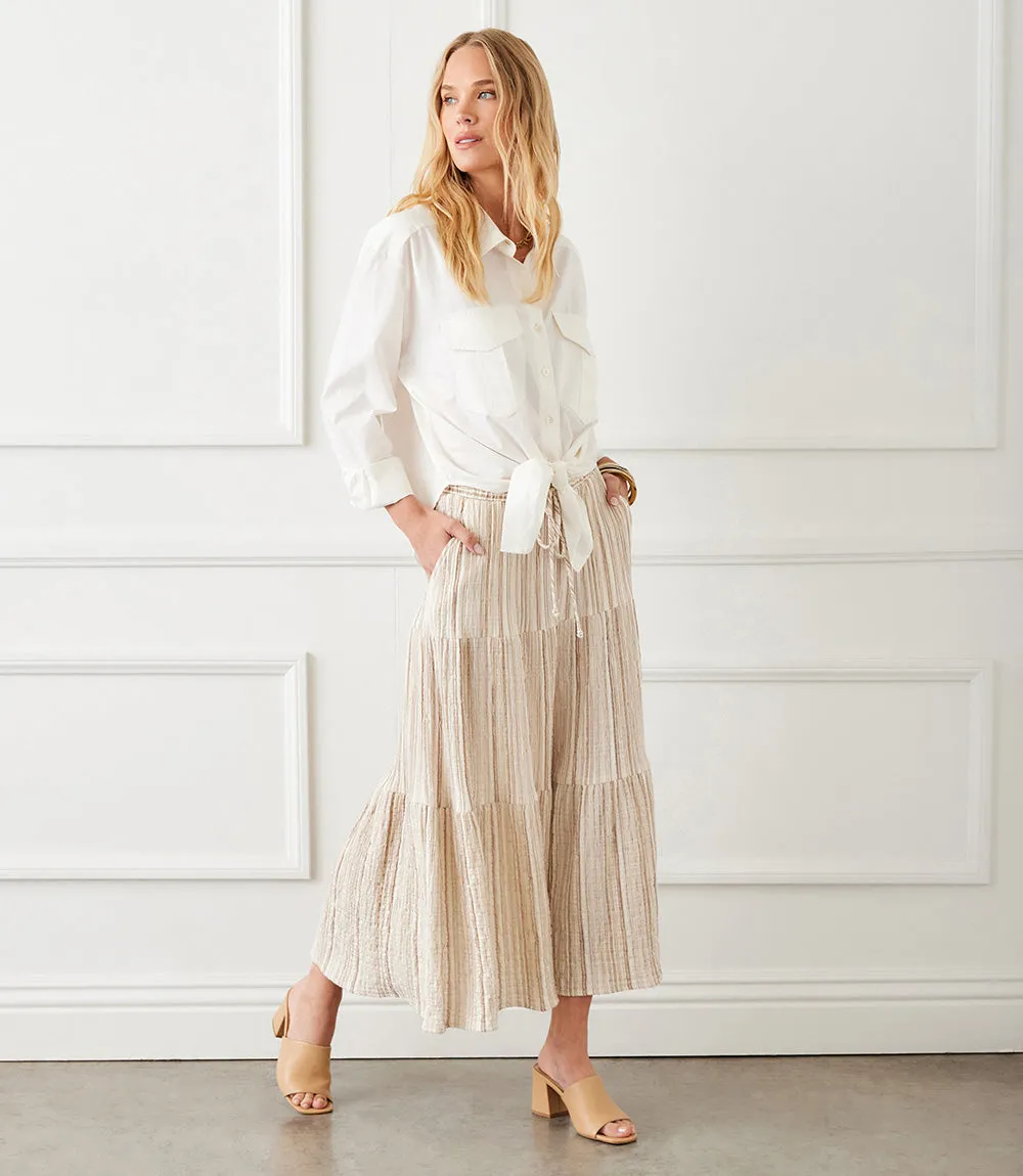 Metallic Stripe Tiered Midi Skirt