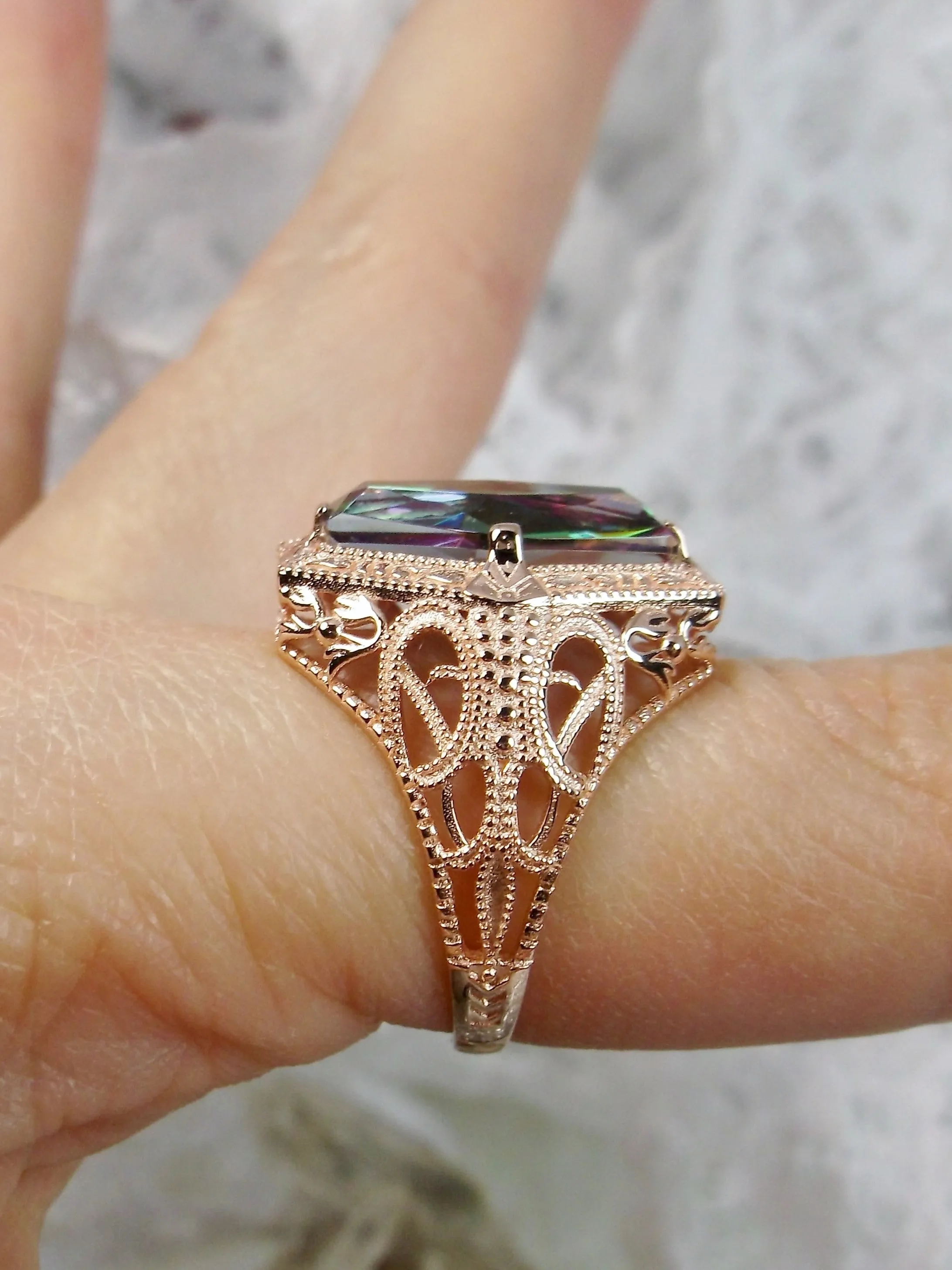 Mystic Topaz Ring, Rose Gold overlay, Hexagon Gem with Art Deco Filigree, Edwardian Jewelry #D237