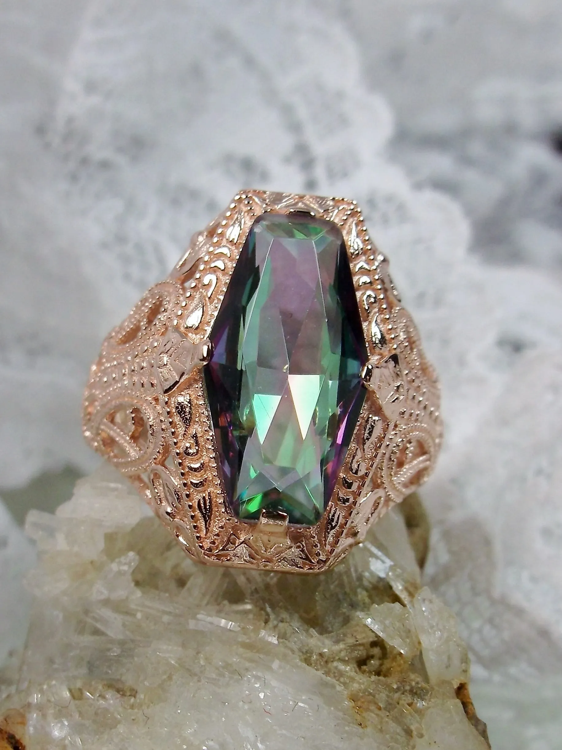 Mystic Topaz Ring, Rose Gold overlay, Hexagon Gem with Art Deco Filigree, Edwardian Jewelry #D237