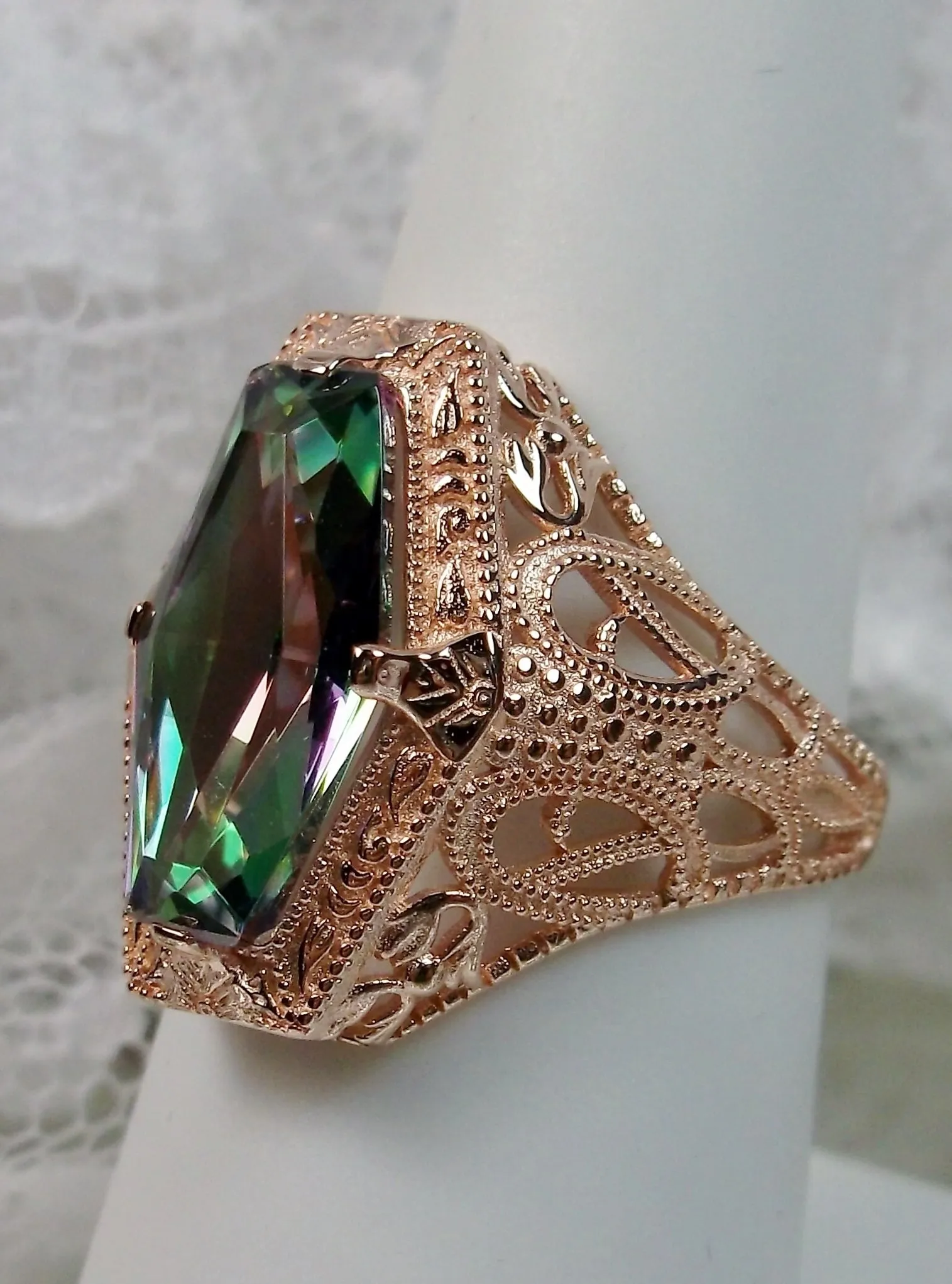 Mystic Topaz Ring, Rose Gold overlay, Hexagon Gem with Art Deco Filigree, Edwardian Jewelry #D237