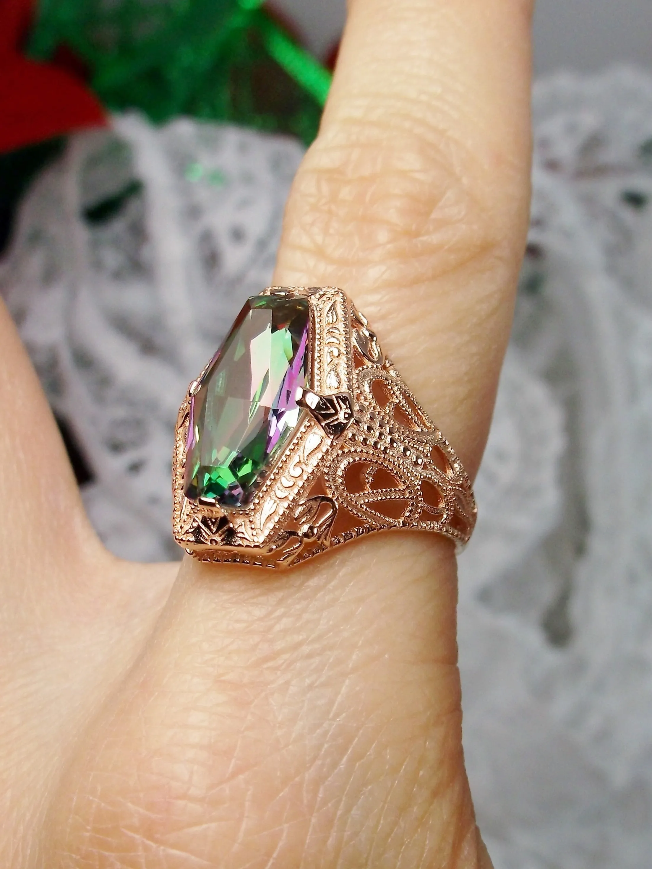 Mystic Topaz Ring, Rose Gold overlay, Hexagon Gem with Art Deco Filigree, Edwardian Jewelry #D237