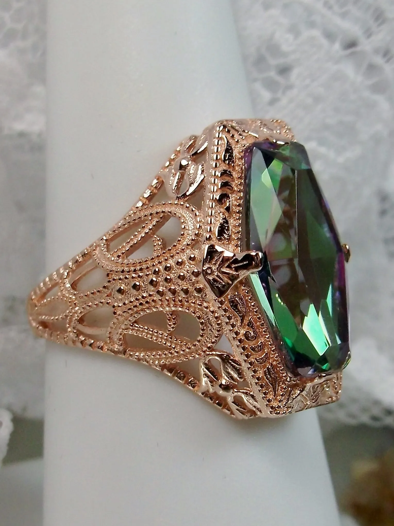 Mystic Topaz Ring, Rose Gold overlay, Hexagon Gem with Art Deco Filigree, Edwardian Jewelry #D237