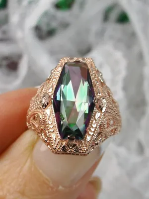 Mystic Topaz Ring, Rose Gold overlay, Hexagon Gem with Art Deco Filigree, Edwardian Jewelry #D237