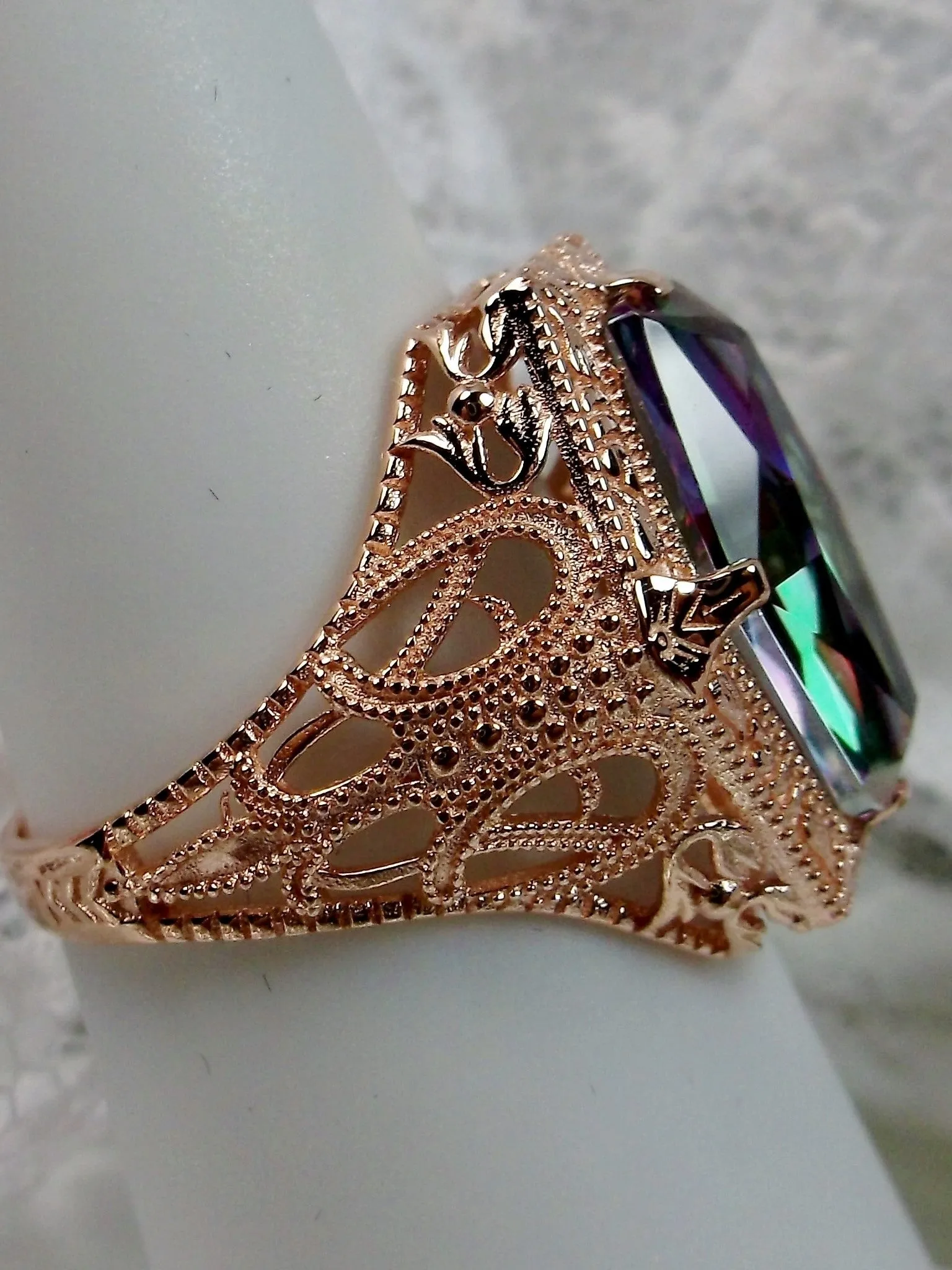 Mystic Topaz Ring, Rose Gold overlay, Hexagon Gem with Art Deco Filigree, Edwardian Jewelry #D237