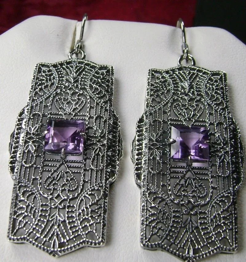 Natural Amethyst Earrings, Sterling Silver Art Deco 1920's Jewelry #E26