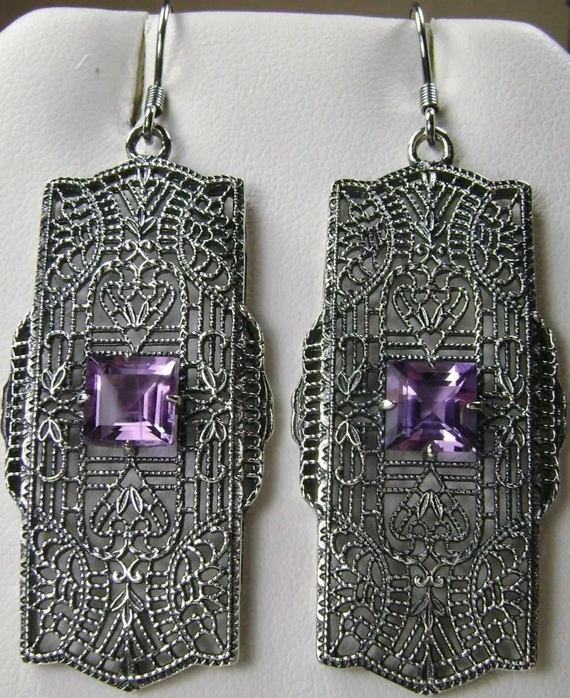 Natural Amethyst Earrings, Sterling Silver Art Deco 1920's Jewelry #E26