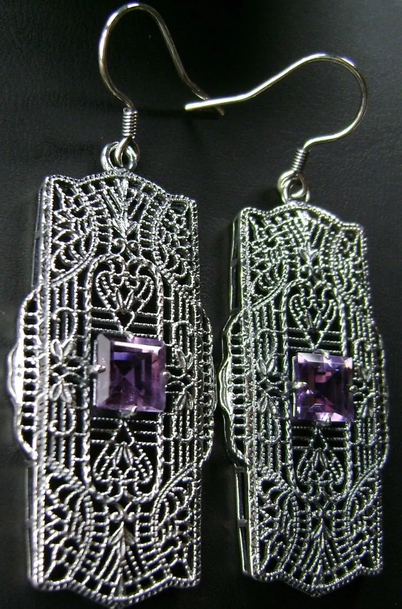 Natural Amethyst Earrings, Sterling Silver Art Deco 1920's Jewelry #E26